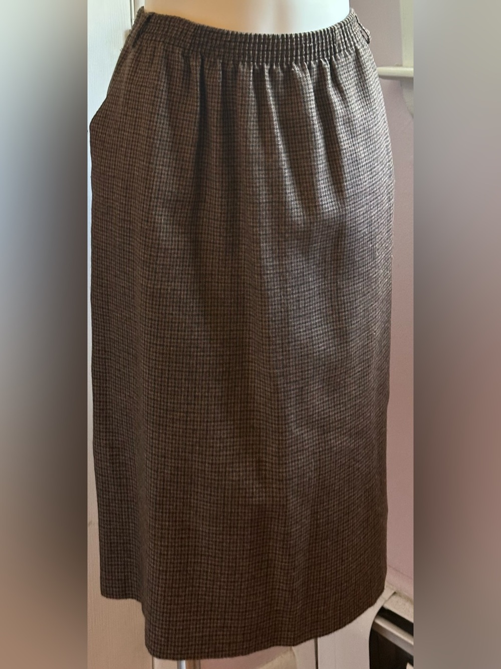 Briggs New York Color Browns Black Houndstooth Elastic Waist Midi Skirt Sz 12